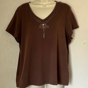 EMMA JAMES | TOP | 2X / 3X | BROWN | BEADED